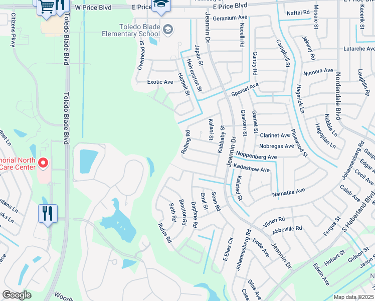 map of restaurants, bars, coffee shops, grocery stores, and more near 2555 Rolling Road in North Port