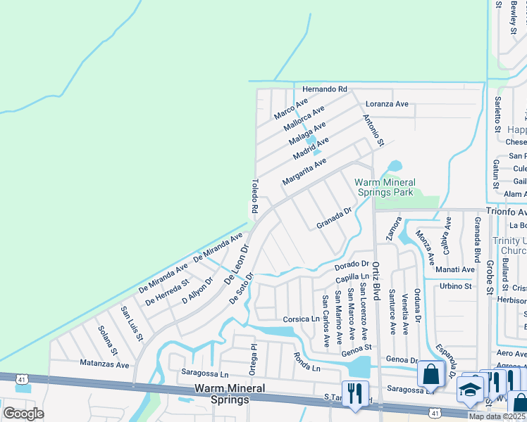 map of restaurants, bars, coffee shops, grocery stores, and more near 502 Toledo Road in North Port