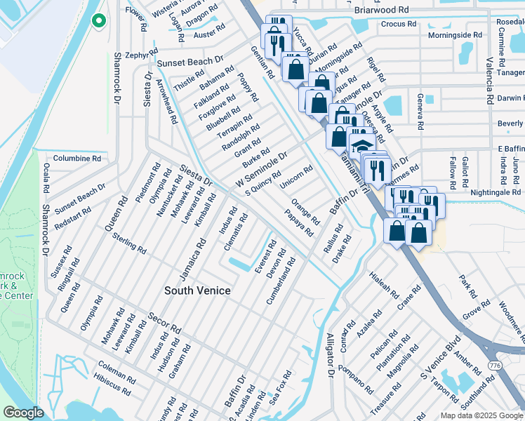 map of restaurants, bars, coffee shops, grocery stores, and more near 611 Mobile Road in Venice