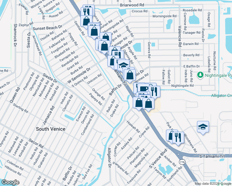 map of restaurants, bars, coffee shops, grocery stores, and more near 3384 Virginia Road in Venice