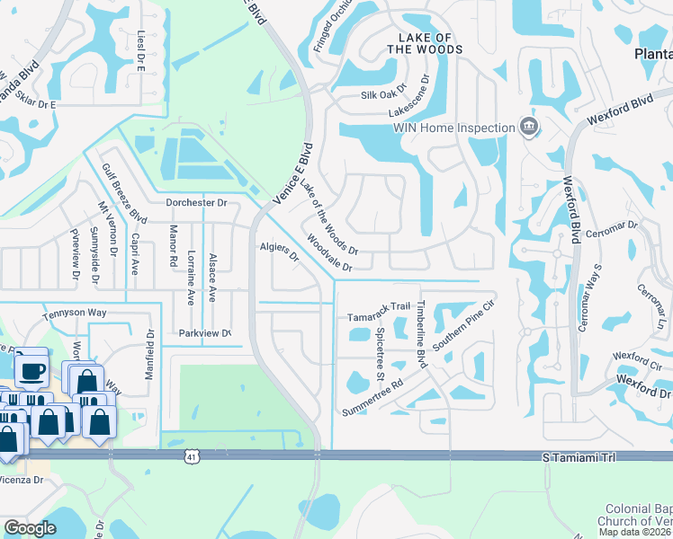 map of restaurants, bars, coffee shops, grocery stores, and more near 216 Algiers Drive in Venice