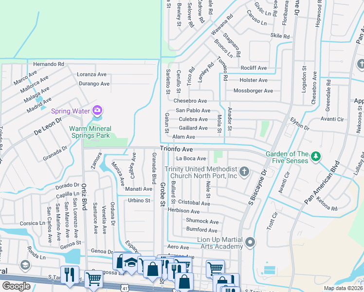 map of restaurants, bars, coffee shops, grocery stores, and more near 8646 La Boca Avenue in North Port