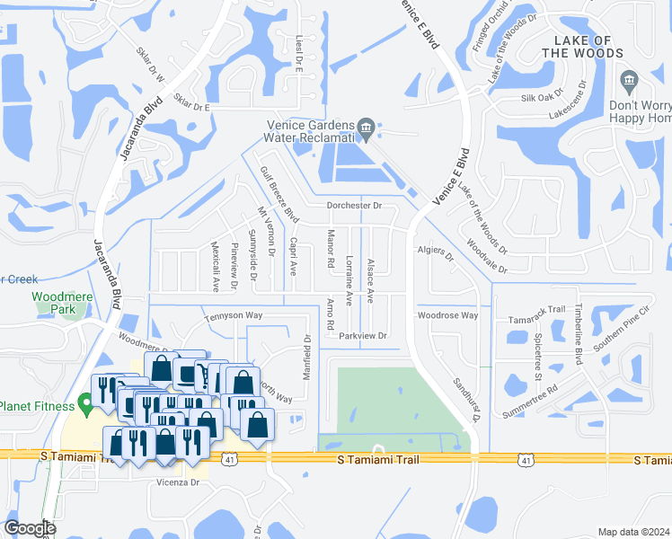 map of restaurants, bars, coffee shops, grocery stores, and more near 258 Manor Road in Venice