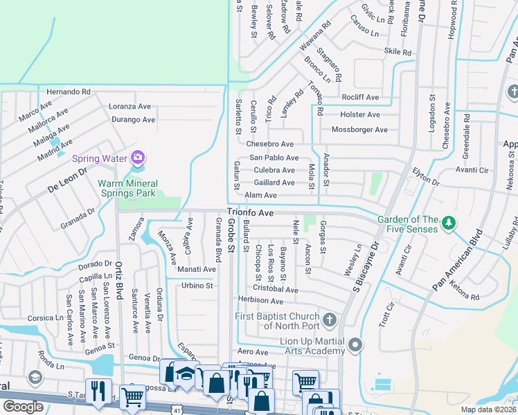 map of restaurants, bars, coffee shops, grocery stores, and more near 8646 La Boca Avenue in North Port