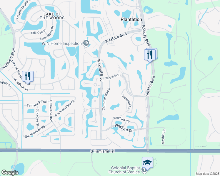 map of restaurants, bars, coffee shops, grocery stores, and more near 220 Cerromar Way South in Venice