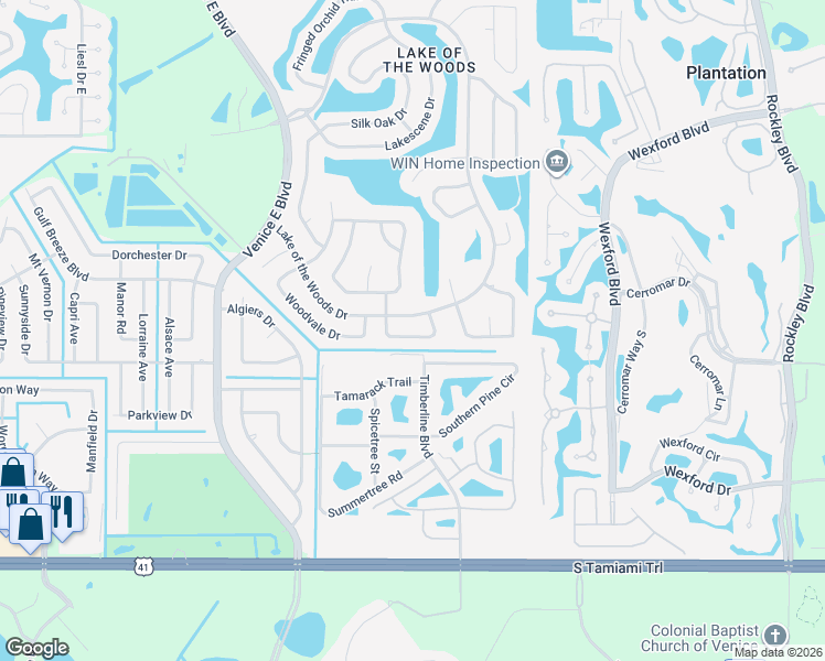 map of restaurants, bars, coffee shops, grocery stores, and more near 382 Vista Wood Drive in Venice