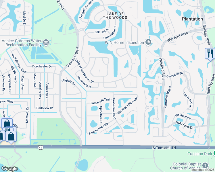 map of restaurants, bars, coffee shops, grocery stores, and more near 454 Lake of the Woods Drive in Venice