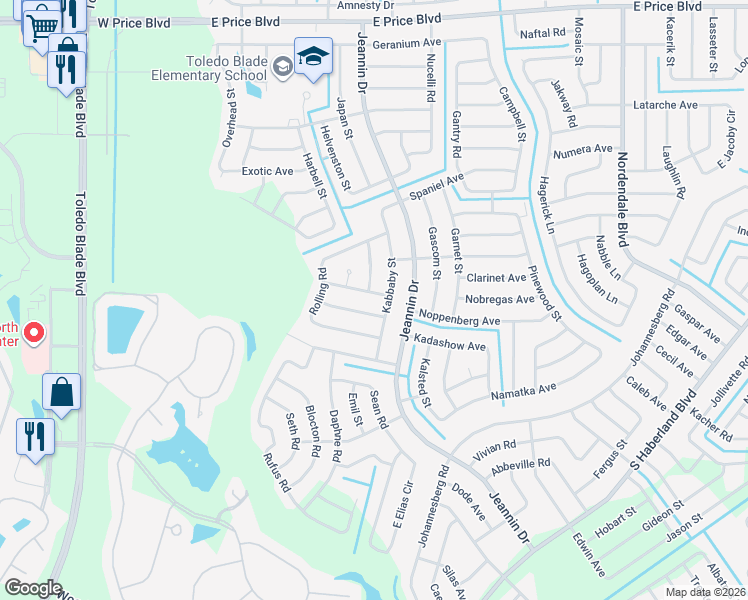 map of restaurants, bars, coffee shops, grocery stores, and more near 2493 Kalani Street in North Port