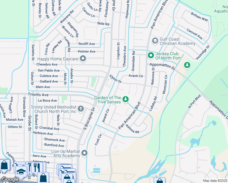 map of restaurants, bars, coffee shops, grocery stores, and more near 3685 Avanti Circle in North Port
