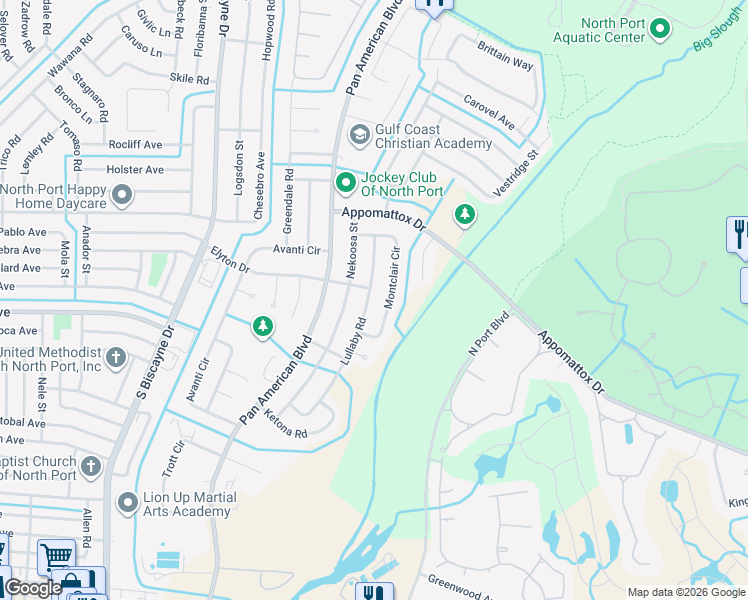map of restaurants, bars, coffee shops, grocery stores, and more near 3423 Montclair Circle in North Port