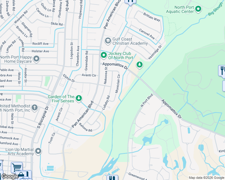 map of restaurants, bars, coffee shops, grocery stores, and more near 3423 Montclair Circle in North Port