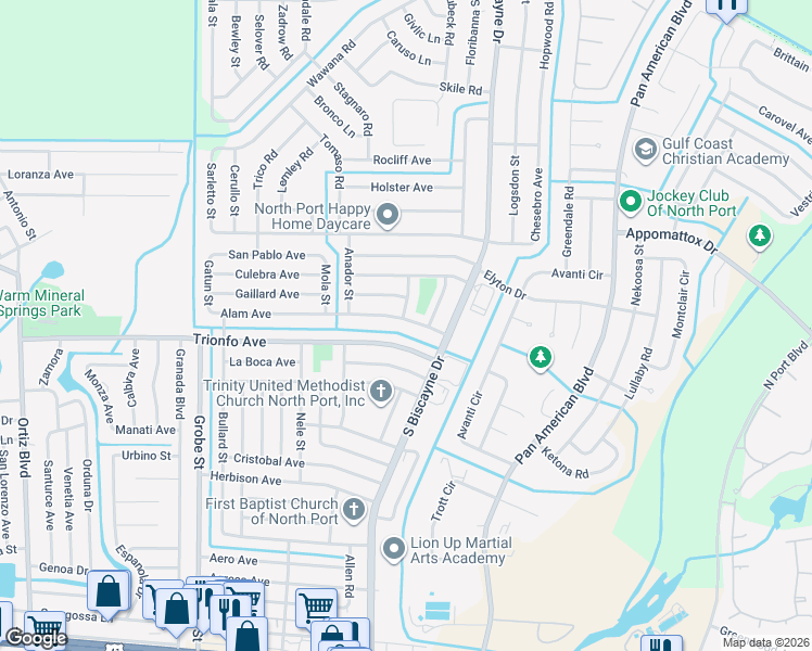 map of restaurants, bars, coffee shops, grocery stores, and more near 8197 Alam Avenue in North Port