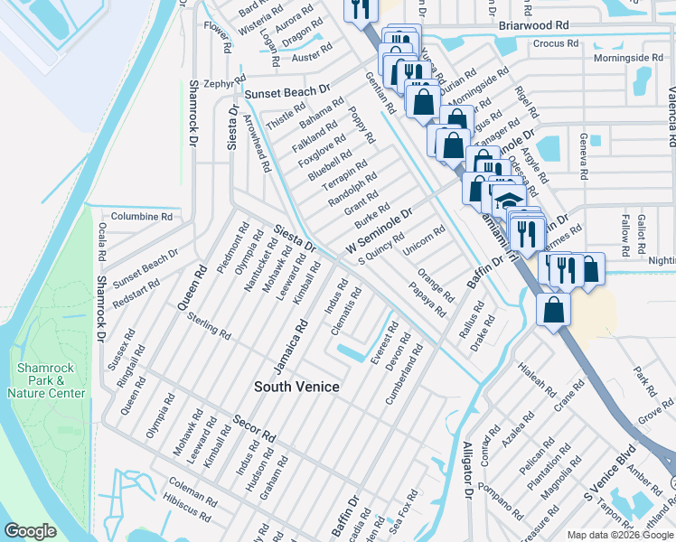 map of restaurants, bars, coffee shops, grocery stores, and more near 595 West Seminole Drive in Venice