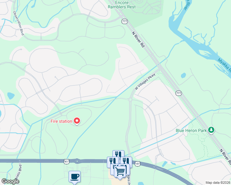 map of restaurants, bars, coffee shops, grocery stores, and more near Firewheel Place in North Port
