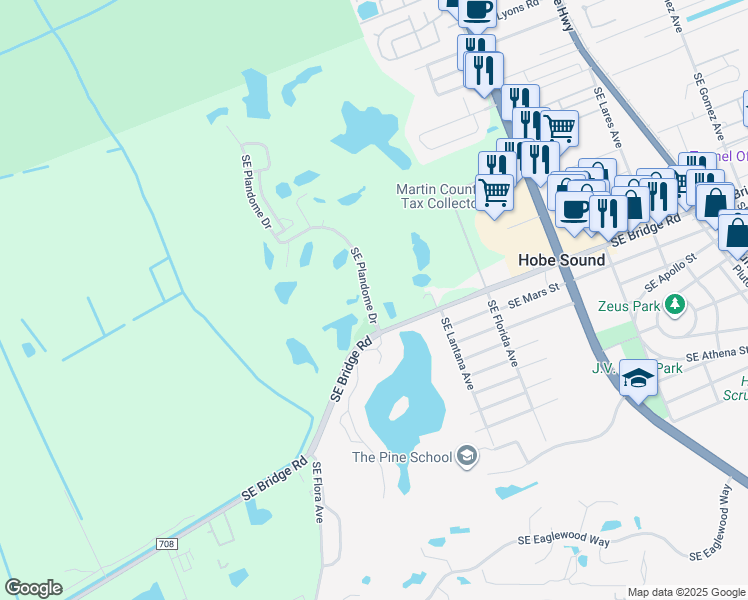 map of restaurants, bars, coffee shops, grocery stores, and more near 11895 Southeast Plandome Drive in Hobe Sound