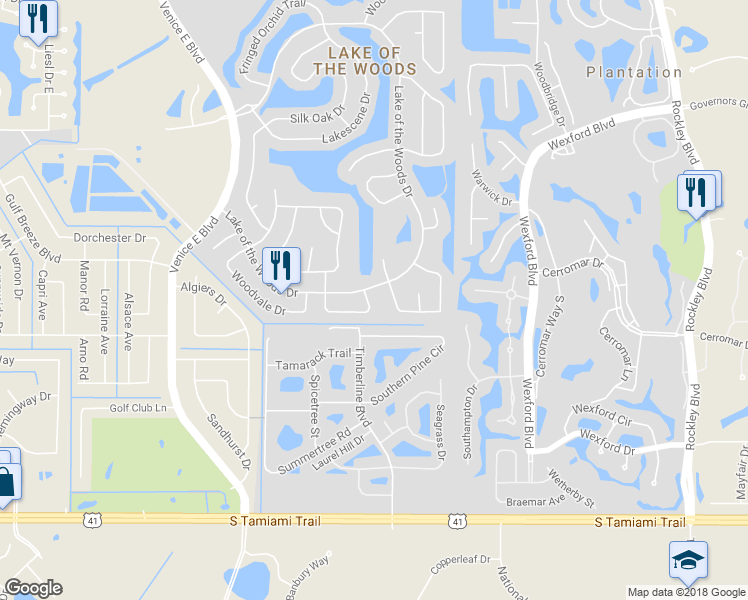 map of restaurants, bars, coffee shops, grocery stores, and more near 395 Vista Wood Drive in Venice
