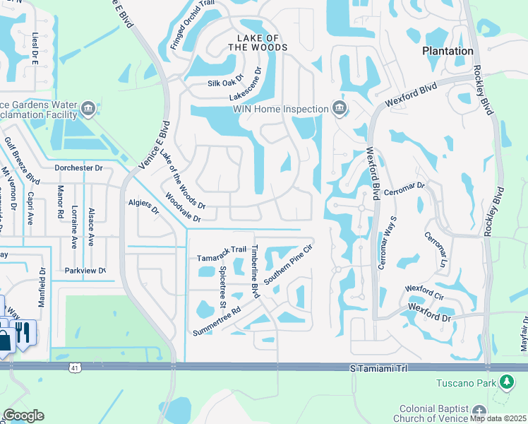 map of restaurants, bars, coffee shops, grocery stores, and more near 395 Vista Wood Drive in Venice