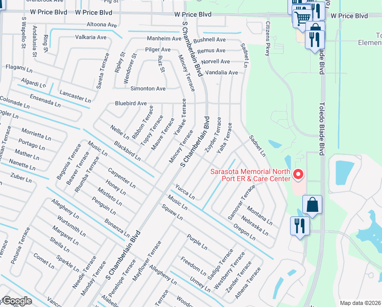 map of restaurants, bars, coffee shops, grocery stores, and more near 2161 South Chamberlain Boulevard in North Port