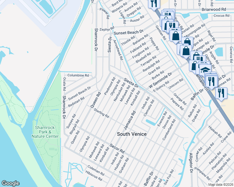 map of restaurants, bars, coffee shops, grocery stores, and more near 931 Olympia Road in Venice