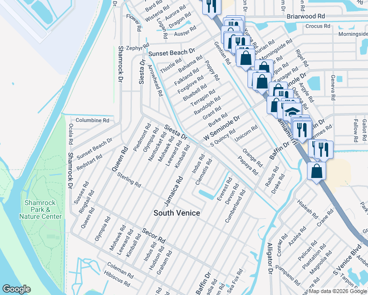 map of restaurants, bars, coffee shops, grocery stores, and more near 712 Kimball Road in Venice