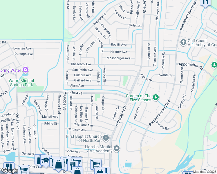 map of restaurants, bars, coffee shops, grocery stores, and more near 8268 Alam Avenue in North Port