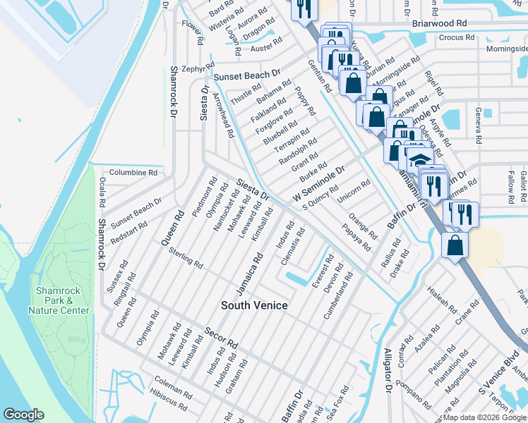 map of restaurants, bars, coffee shops, grocery stores, and more near 712 Kimball Road in Venice