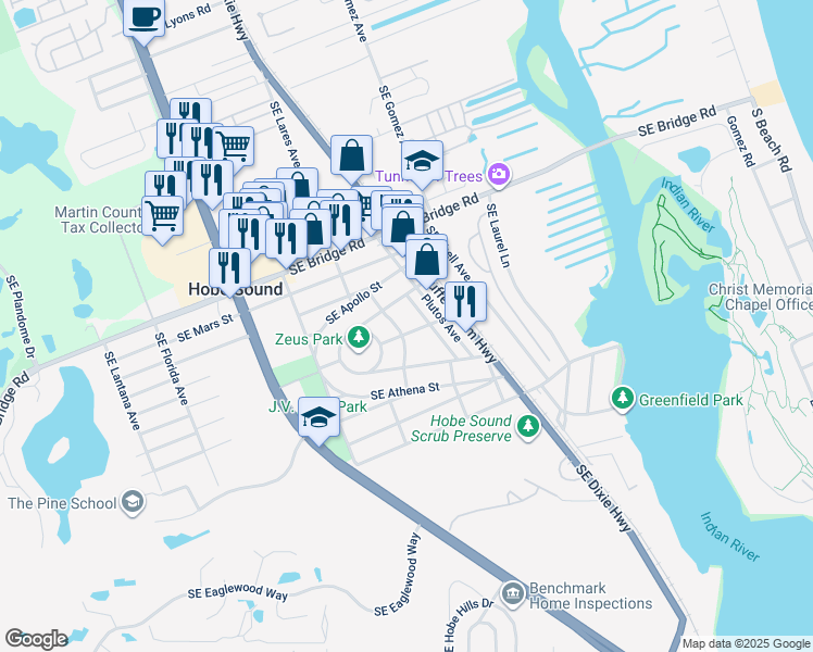 map of restaurants, bars, coffee shops, grocery stores, and more near 9237 SE Olympus St in Hobe Sound