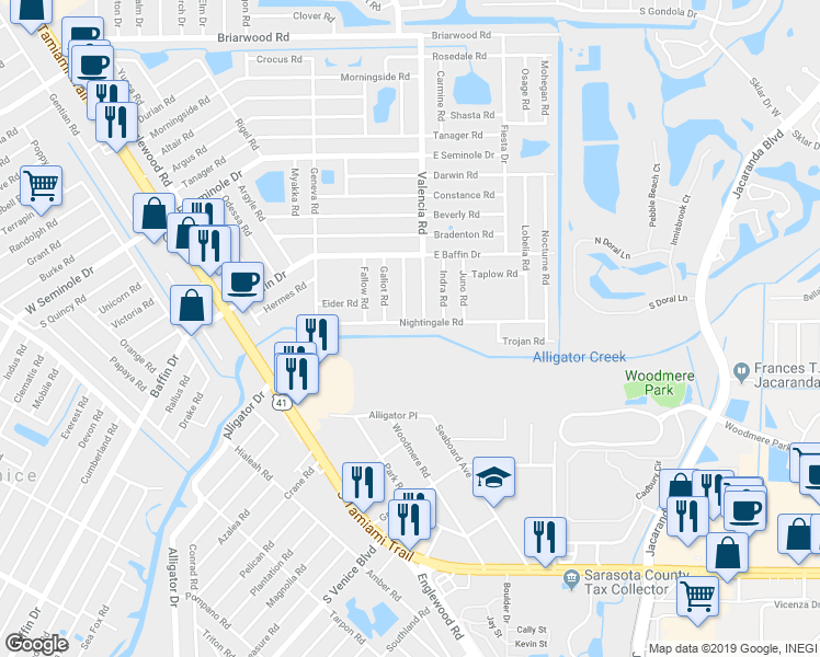 map of restaurants, bars, coffee shops, grocery stores, and more near 450 Nightingale Road in Venice