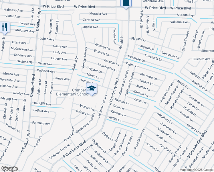 map of restaurants, bars, coffee shops, grocery stores, and more near 2481 Shalimar Terrace in North Port