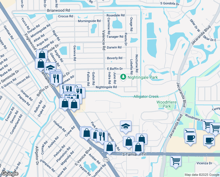 map of restaurants, bars, coffee shops, grocery stores, and more near 552 Nightingale Road in Venice