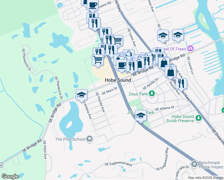 map of restaurants, bars, coffee shops, grocery stores, and more near 11910 Southeast Federal Highway in Hobe Sound