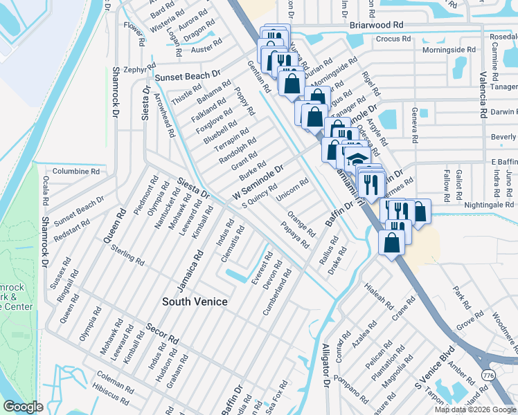 map of restaurants, bars, coffee shops, grocery stores, and more near 511 South Quincy Road in Venice