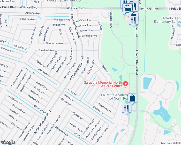 map of restaurants, bars, coffee shops, grocery stores, and more near 2171 Yalta Terrace in North Port