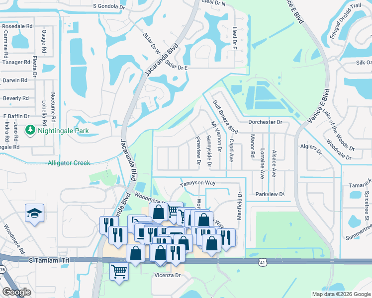 map of restaurants, bars, coffee shops, grocery stores, and more near 547 Whippoorwill Drive in Venice