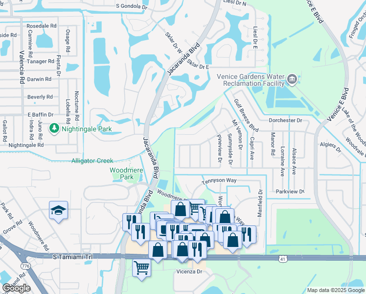 map of restaurants, bars, coffee shops, grocery stores, and more near 567 Whippoorwill Drive in Venice