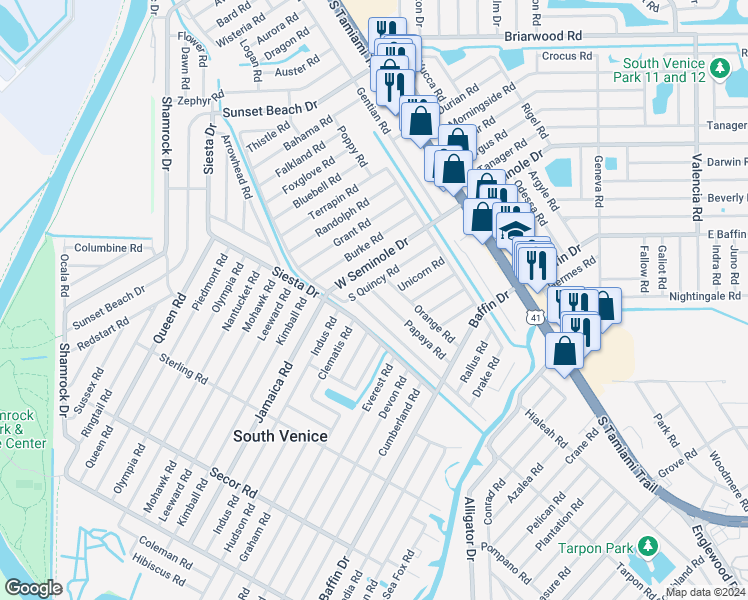 map of restaurants, bars, coffee shops, grocery stores, and more near 3286 Papaya Road in Venice