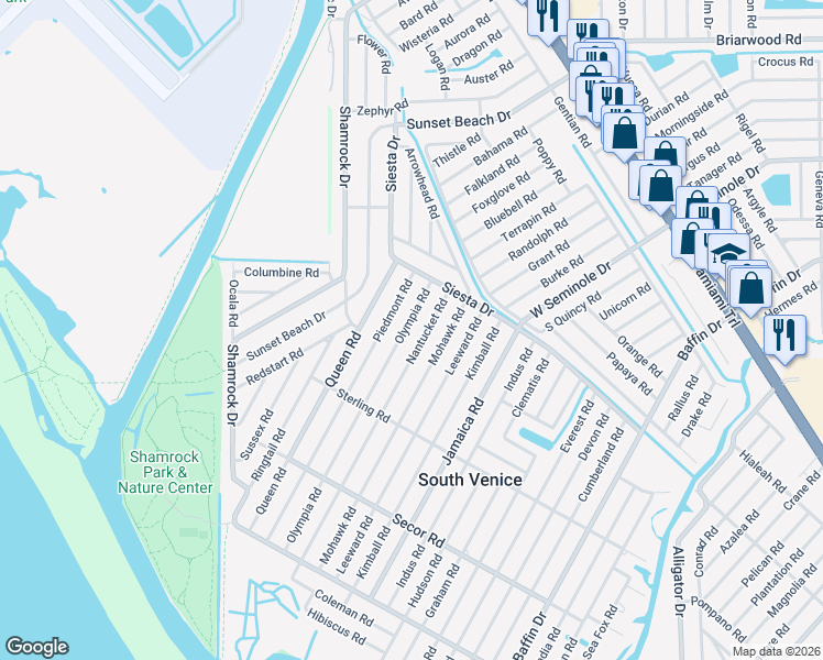 map of restaurants, bars, coffee shops, grocery stores, and more near 931 Olympia Road in Venice