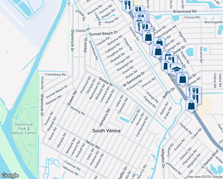 map of restaurants, bars, coffee shops, grocery stores, and more near 712 Kimball Road in Venice