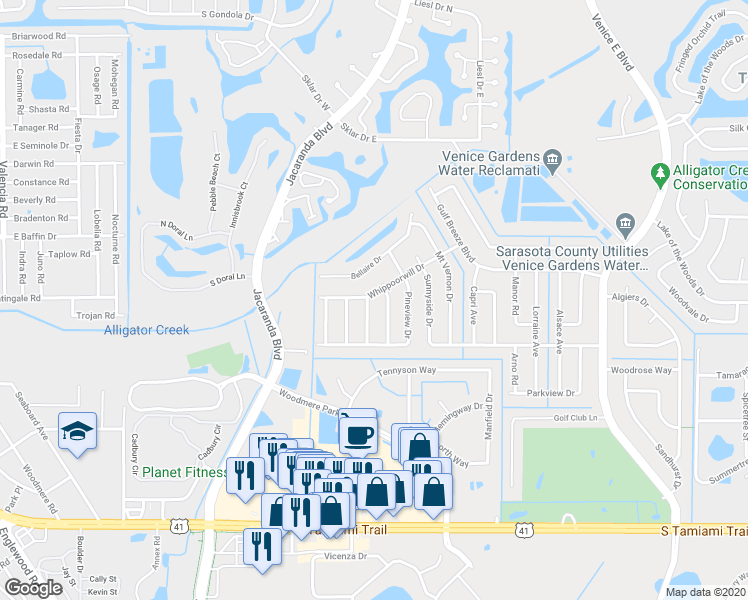 map of restaurants, bars, coffee shops, grocery stores, and more near 547 Whippoorwill Drive in Venice