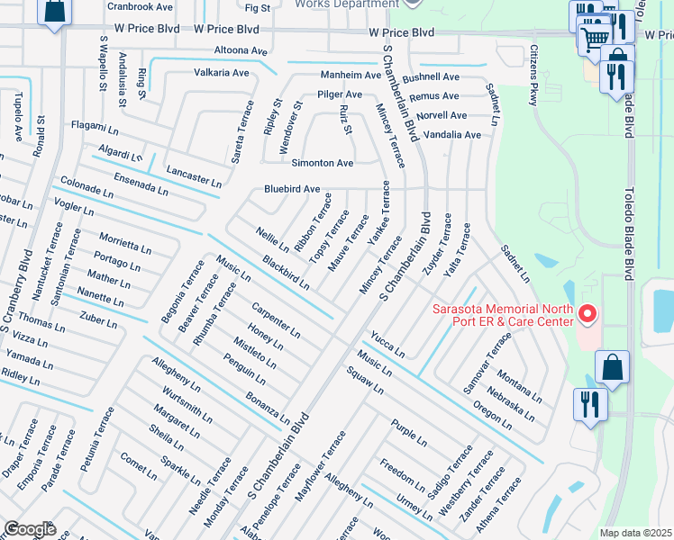 map of restaurants, bars, coffee shops, grocery stores, and more near 2296 Mauve Terrace in North Port