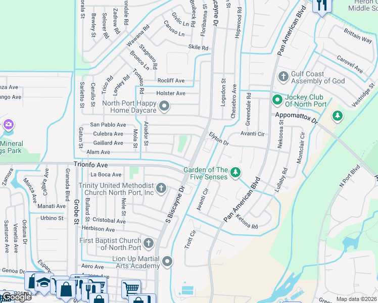 map of restaurants, bars, coffee shops, grocery stores, and more near 3344 Mount Hope Street in North Port