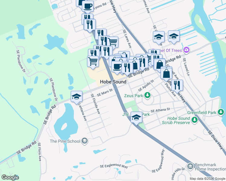 map of restaurants, bars, coffee shops, grocery stores, and more near 11960 U.S. 1 in Hobe Sound