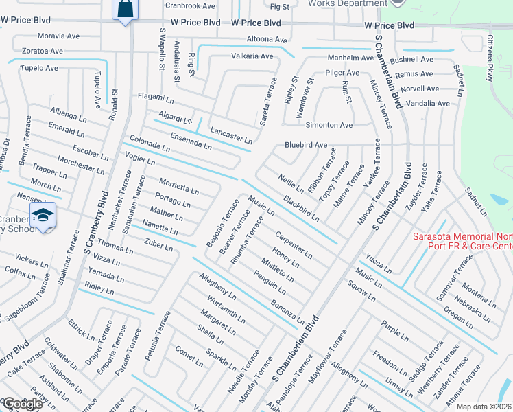 map of restaurants, bars, coffee shops, grocery stores, and more near 2506 Beaver Terrace in North Port
