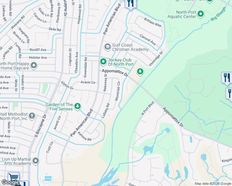 map of restaurants, bars, coffee shops, grocery stores, and more near 3423 Montclair Circle in North Port