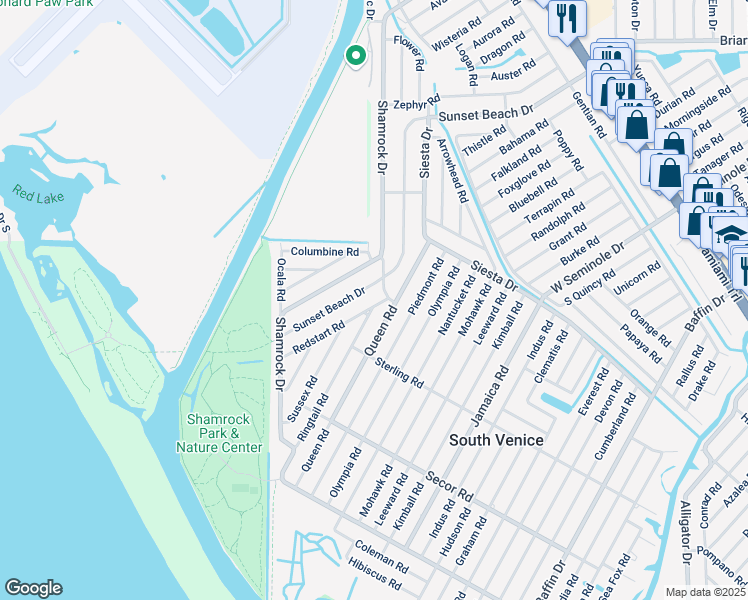 map of restaurants, bars, coffee shops, grocery stores, and more near 1076 Redstart Road in Venice