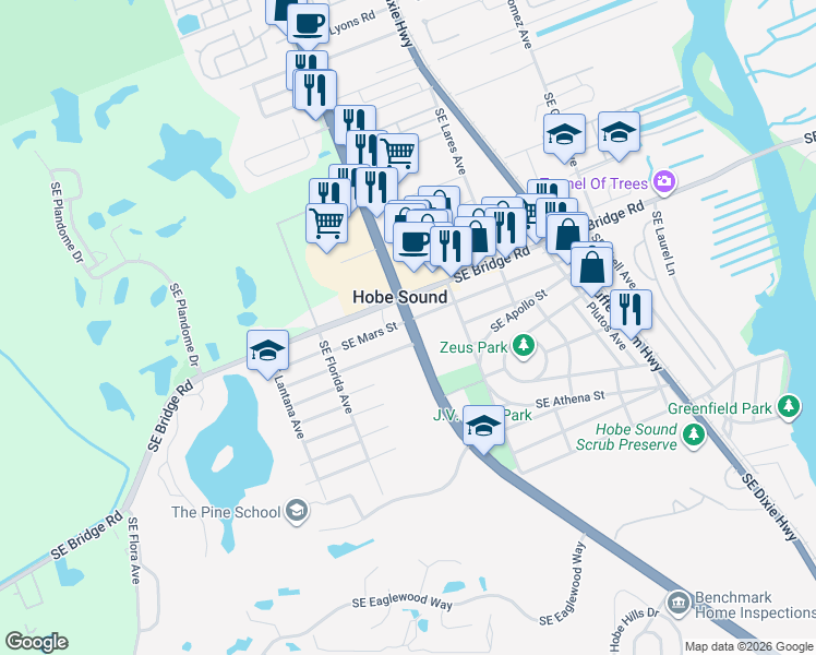 map of restaurants, bars, coffee shops, grocery stores, and more near 11960 U.S. 1 in Hobe Sound