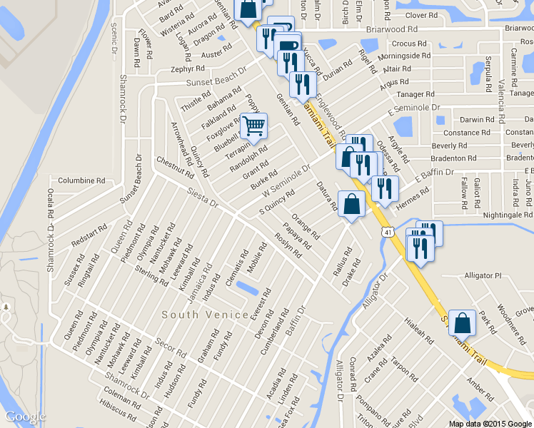 map of restaurants, bars, coffee shops, grocery stores, and more near 511 South Quincy Road in Venice