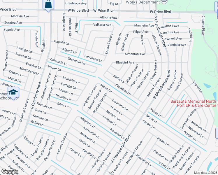 map of restaurants, bars, coffee shops, grocery stores, and more near 2506 Beaver Terrace in North Port