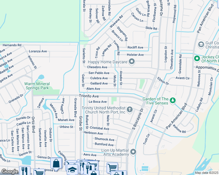 map of restaurants, bars, coffee shops, grocery stores, and more near 8548 Alam Avenue in North Port