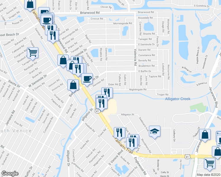 map of restaurants, bars, coffee shops, grocery stores, and more near 255 Nightingale Road in Venice